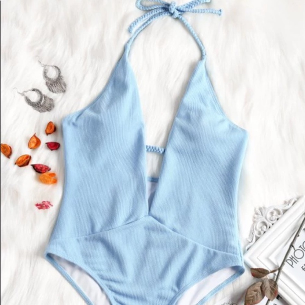 Cute one-piece light blue ribbed swimsuit